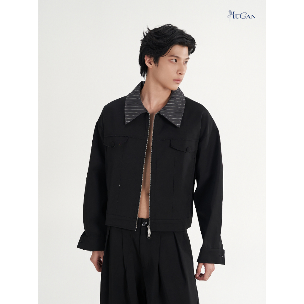 Áo Khoác Zip Jacket Form Boxy Cổ Kẻ Cao Cấp Đứng Form HUGAN