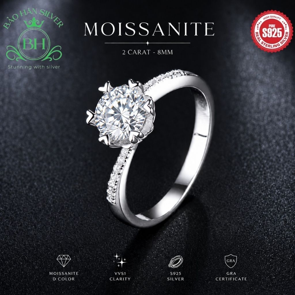 Moissanite 8ly 2 carat Nhẫn bạc nữ Moissanite nhẫn kim cương Moissanite bạc 925 nhẫn cầu hôn bạc nhẫ