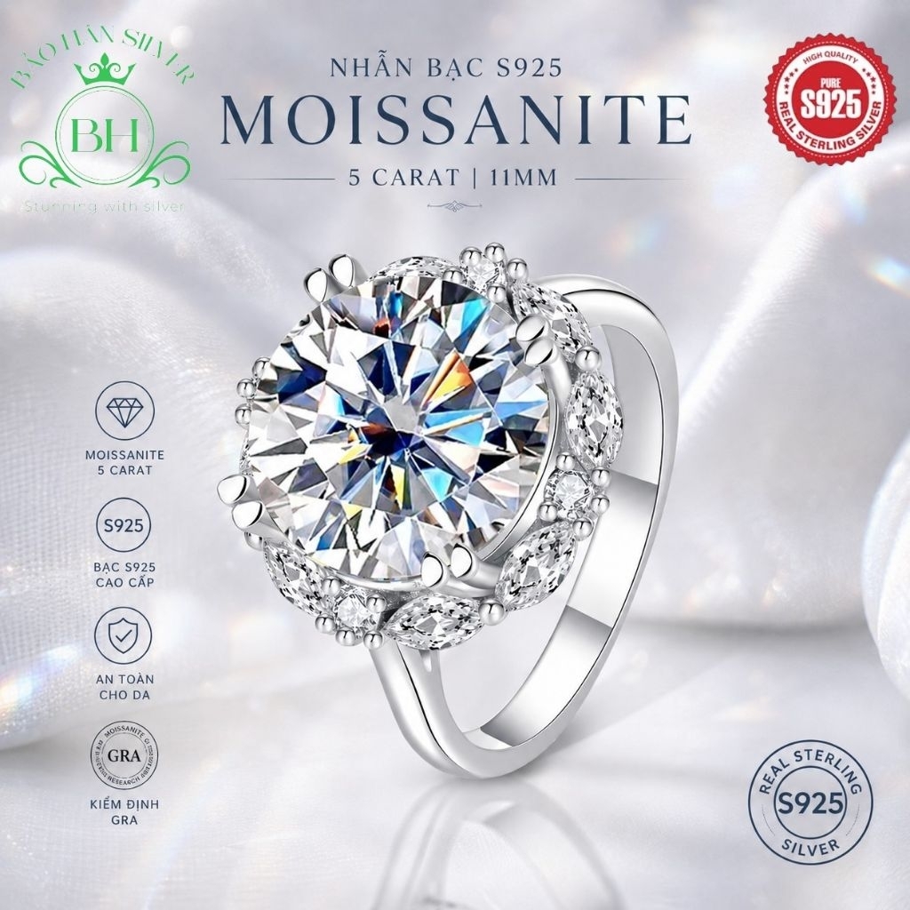 Moissanite 11ly 5 carat Nhẫn bạc nữ Moissanite nhẫn kim cương Moissanite bạc 925 nhẫn cầu hôn bạc nh