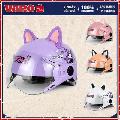 Mũ Bảo Hiểm Trẻ Em Kính Càng Tem Kuromi Đáng Yêu Cho Bé Từ 5-10 Tuổi Kèm Tai Mèo Chính Hãng VARO