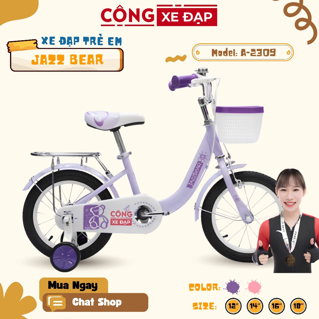 Xe Đạp Trẻ Em Jazz Bear A-2309 Cho Bé Gái 2 - 10 Tuổi (Size 12/14/16/18 Inch, Khung Thép Có Baga)