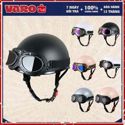 Combo Mũ Bảo Hiểm Nửa Đầu VARO Trơn Kèm Kính Phi Công vintage - Nón Bảo Hiểm Phượt 1/2 Đầu Có Kính