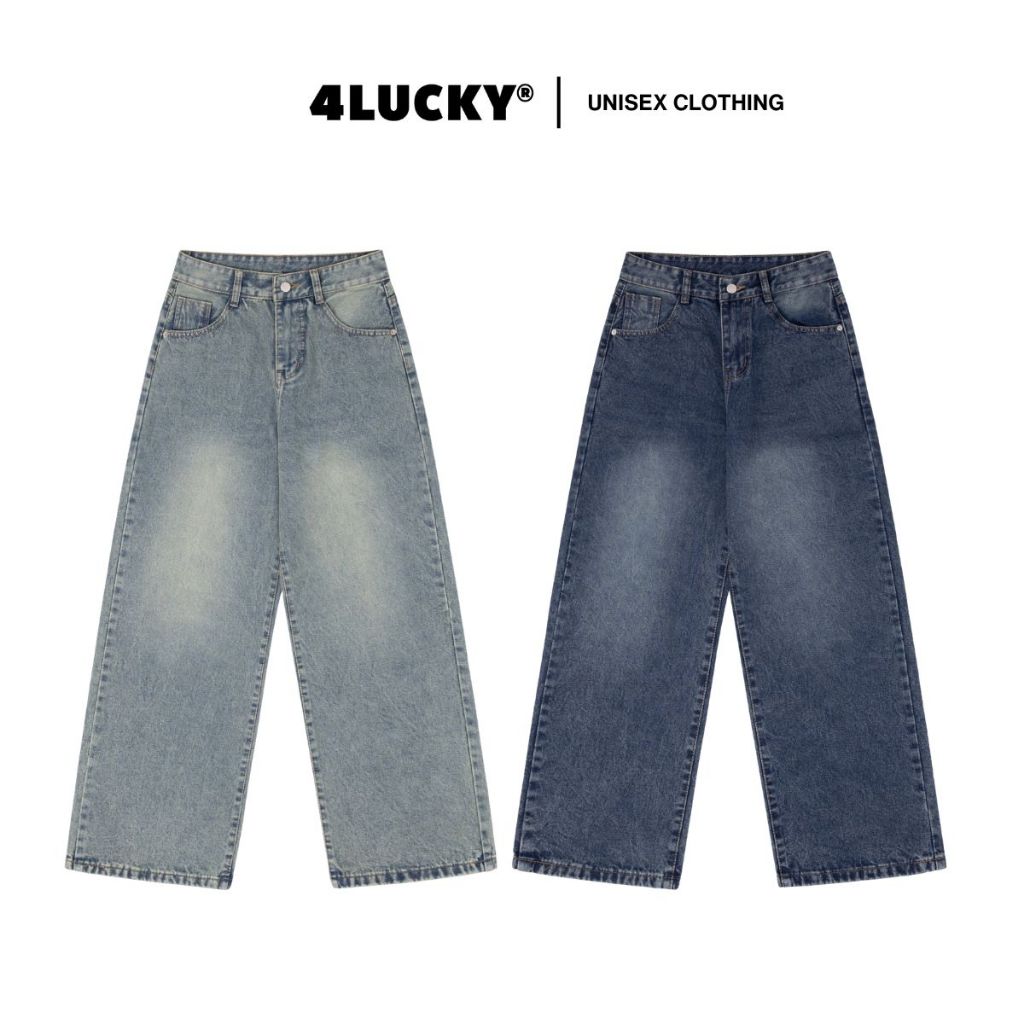 Quần Jean Wash Form Regural Fit Basic Unisex 4Lucky 6240, Quần Chất Denim Phong Cách Vintage Dày Dặn