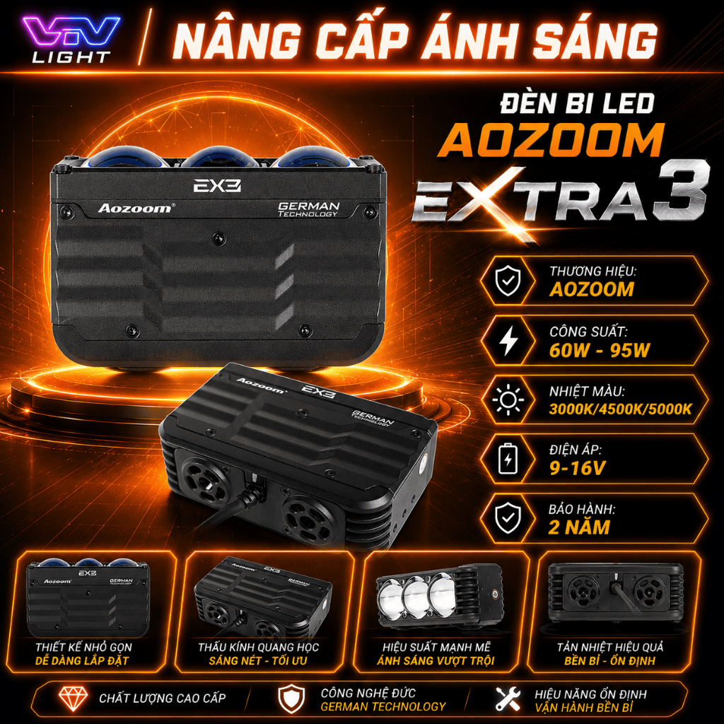 Đèn Trợ Sáng Aozoom Ex3 95W Chính Hãng Siêu Sáng Cos Pha Rõ Nét Bám Đường Tốt Cao Cấp BH 2 Năm