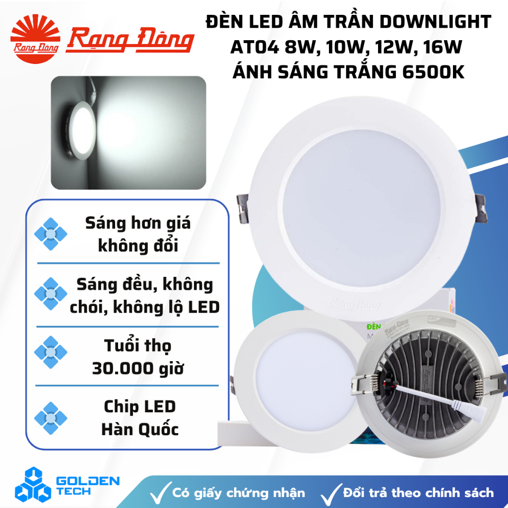 [Rạng Đông] Đèn LED âm trần downlight AT04 8W, 10W, 12W, 16W, 25W Khoét lỗ trần Ánh sáng trắng
