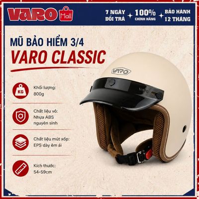 Mũ bảo hiểm 3/4 VARO classic kem vani nhám viền chỉ tặng kèm lưỡi trai