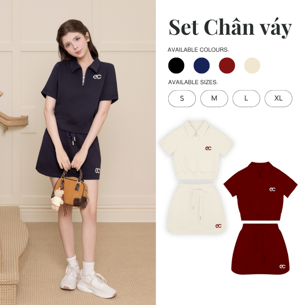 Set Bộ Váy ECOCHIC x HÒA MINZY B171 DREAM FIT Áo Crop Polo Halfzip Phối Chân Váy Chất Liệu Cao Cấp M