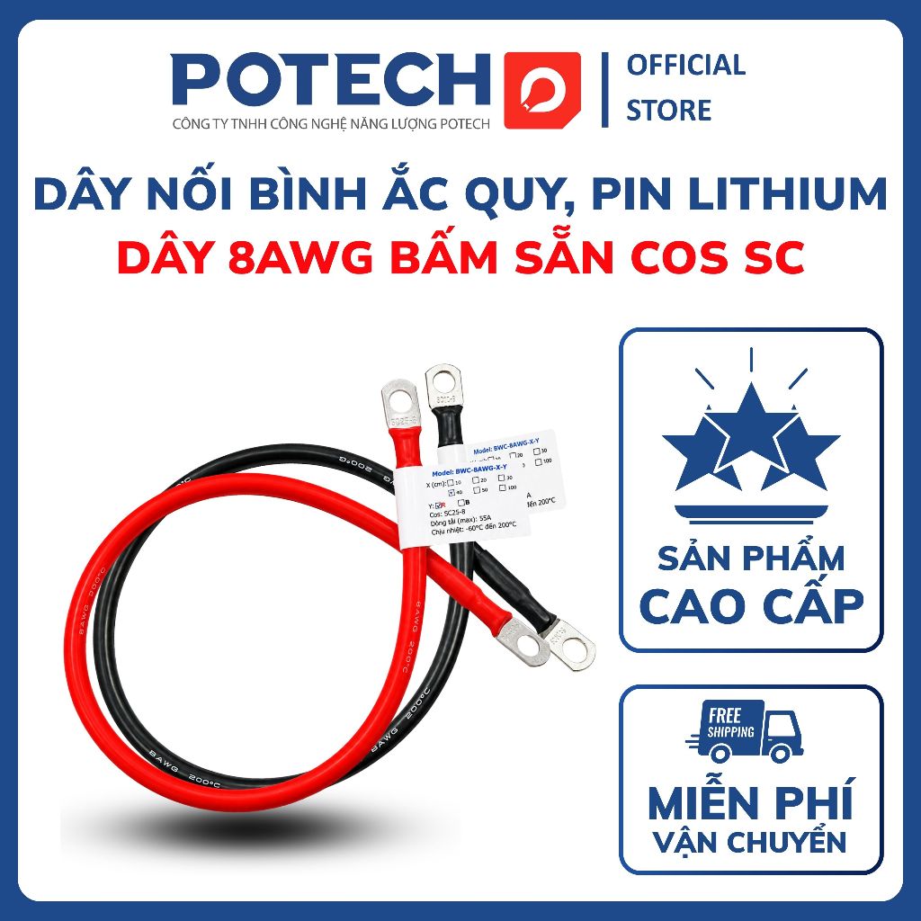 Dây nối bình acquy, pin lithium 8AWG bấm sẵn đầu cos dây điện AWG siêu mềm, chịu nhiệt cao 200°C
