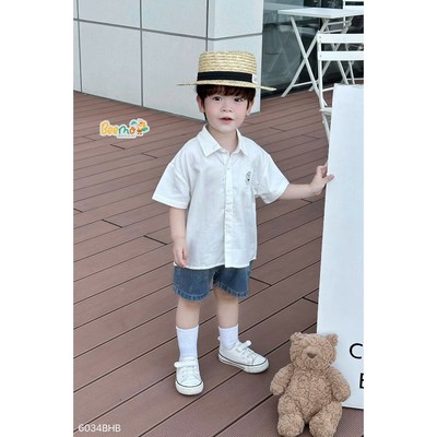 Set sơ mi Beemo cộc tay in sư tử vải thô mix quần jean co giãn cho bé đi học, đi chơi từ 9-24kg 6034BHB