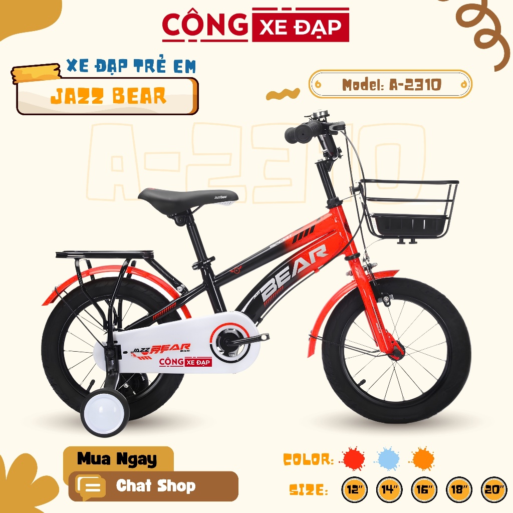 Xe Đạp Trẻ Em Jazz Bear A-2310 Cho Bé Trai 2 - 10 Tuổi (Size 12/14/16/18 Inch, Khung Thép Có Baga)