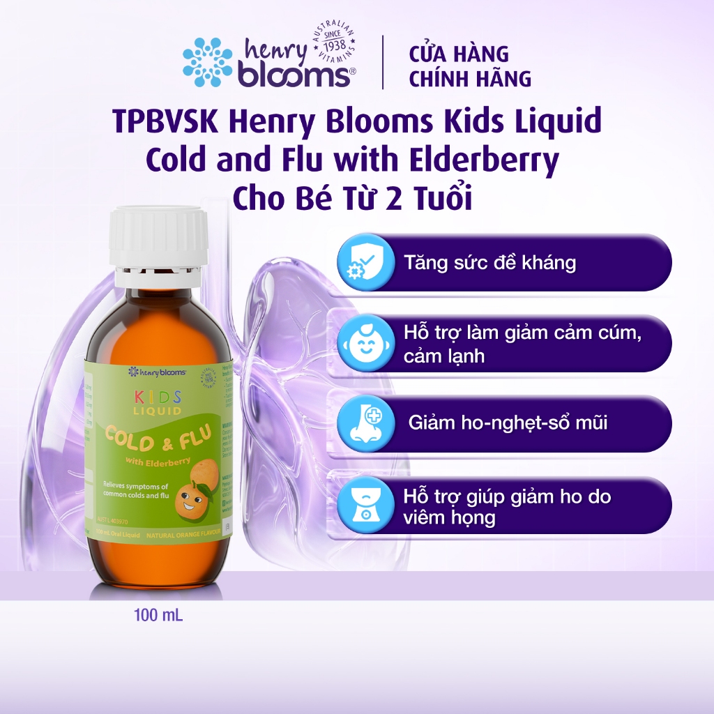 TPBVSK Henry Blooms Kids Liquid Cold and Flu with Elderberry 100mL bổ sung Vitamin C và Kẽm giảm ho,