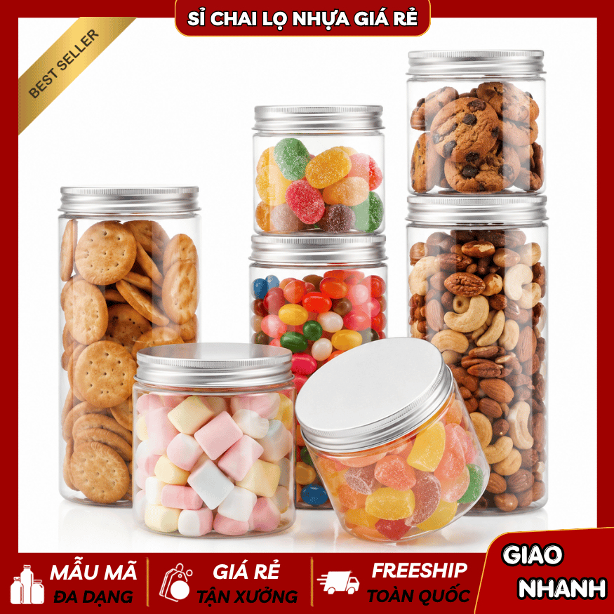 Hũ Nhựa Pet Trong Suốt Nắp Nhôm Cao Cấp Có Nắp Lót 200ML-1500ML | Đựng Thực Phẩm Đồ Khô, Bánh Mứt, Ngũ Cốc, Trái Cây Sấy
