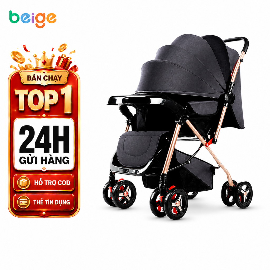 Xe đẩy gấp gọn cho bé Beige, xe đẩy cho bé cao cấp 2 chiều, điều chỉnh tư thế an toàn,Rộng rãi