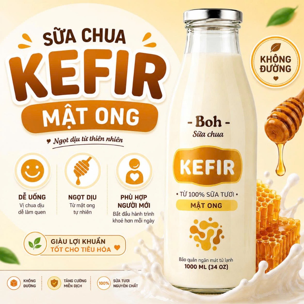Sữa Chua Kefir Mật Ong Tự Nhiên | Lên Men Từ Nấm Sữa Kefir, Giàu Lợi Khuẩn, Vị Chua Ngọt Dịu