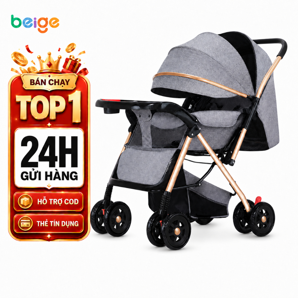 Xe đẩy cho bé sơ sinh Beige, kèm theo nhiều quà tặng miễn phí,xe đẩy gấp gọn cho bé,Có thể gập lại