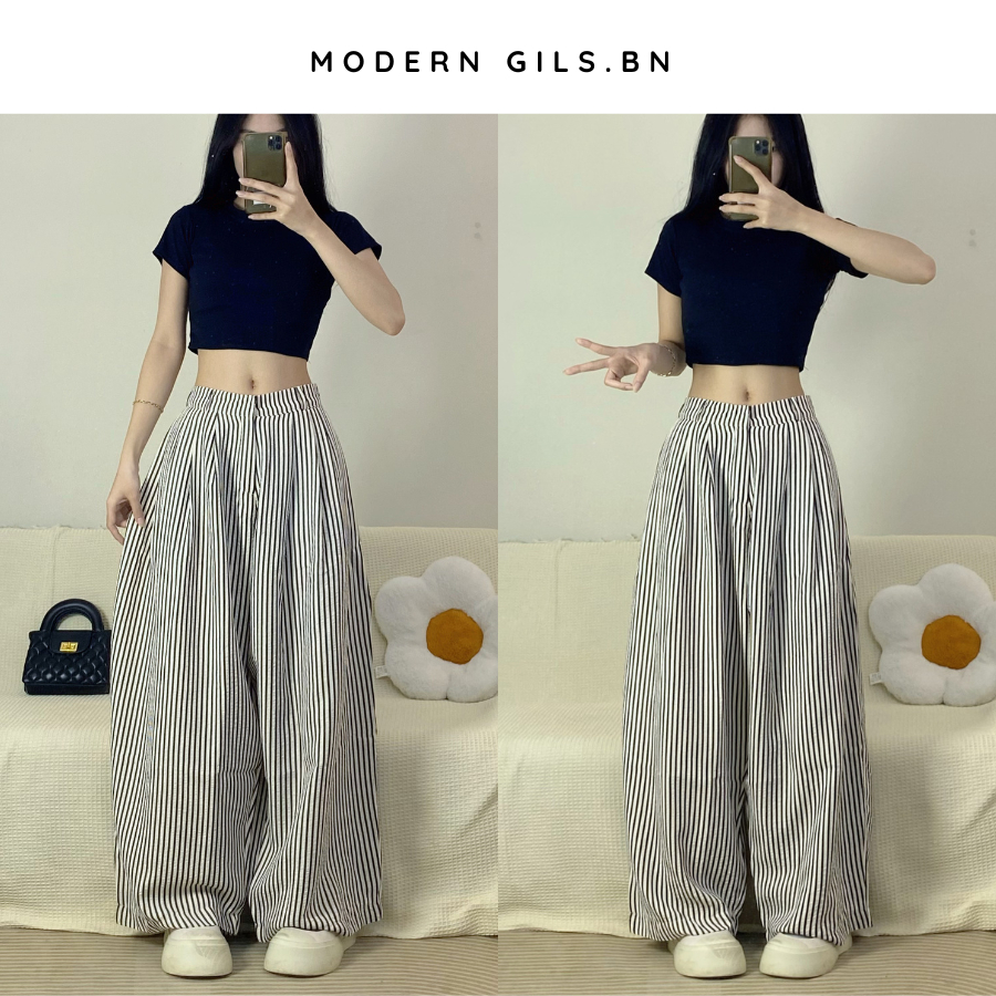 Quần Kẻ Sọc Ver 2 Modern Girls Chất Đũi Gió Nhăn Ống Rộng Phong Cách Hàn Quốc