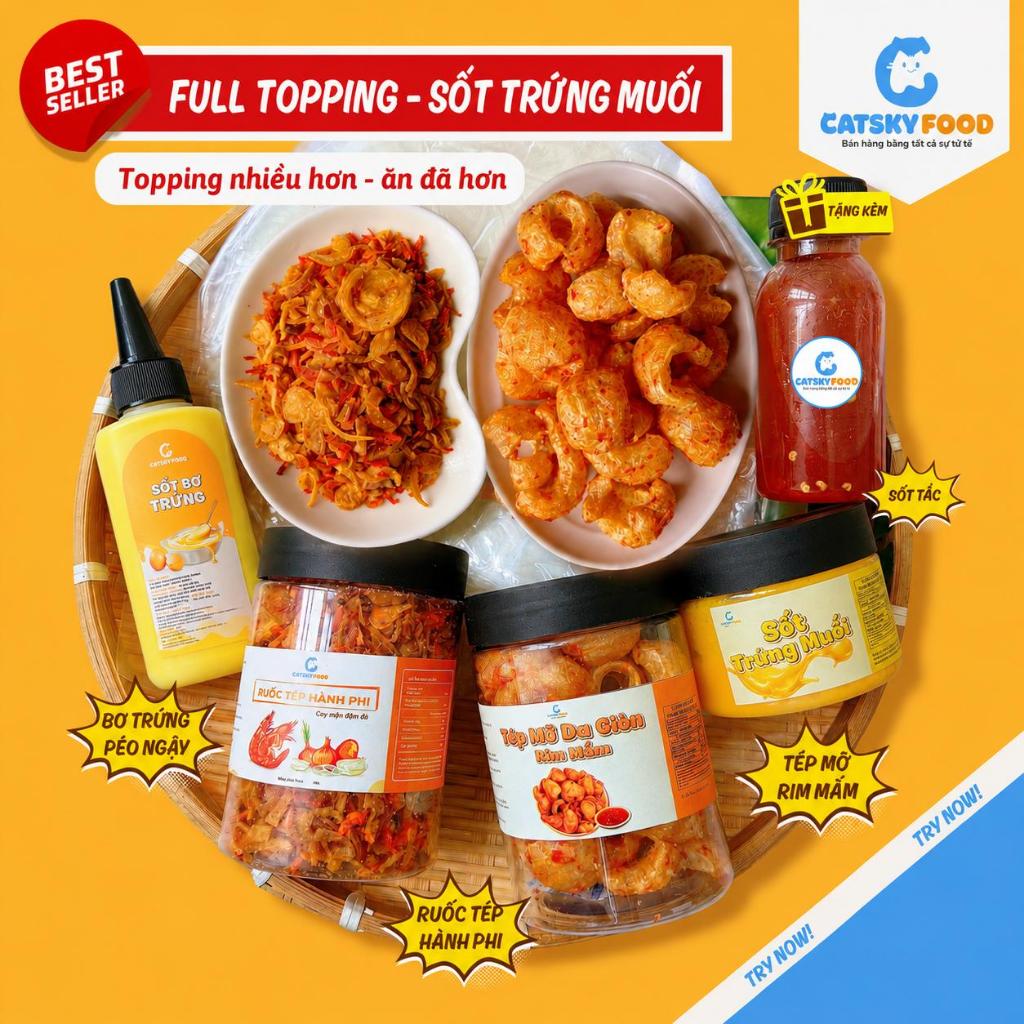 Combo Full Topping Sốt Phô Mai Trứng Muối - Bánh tráng phơi sương Catsky Food đồ ăn vặt tiện lợi