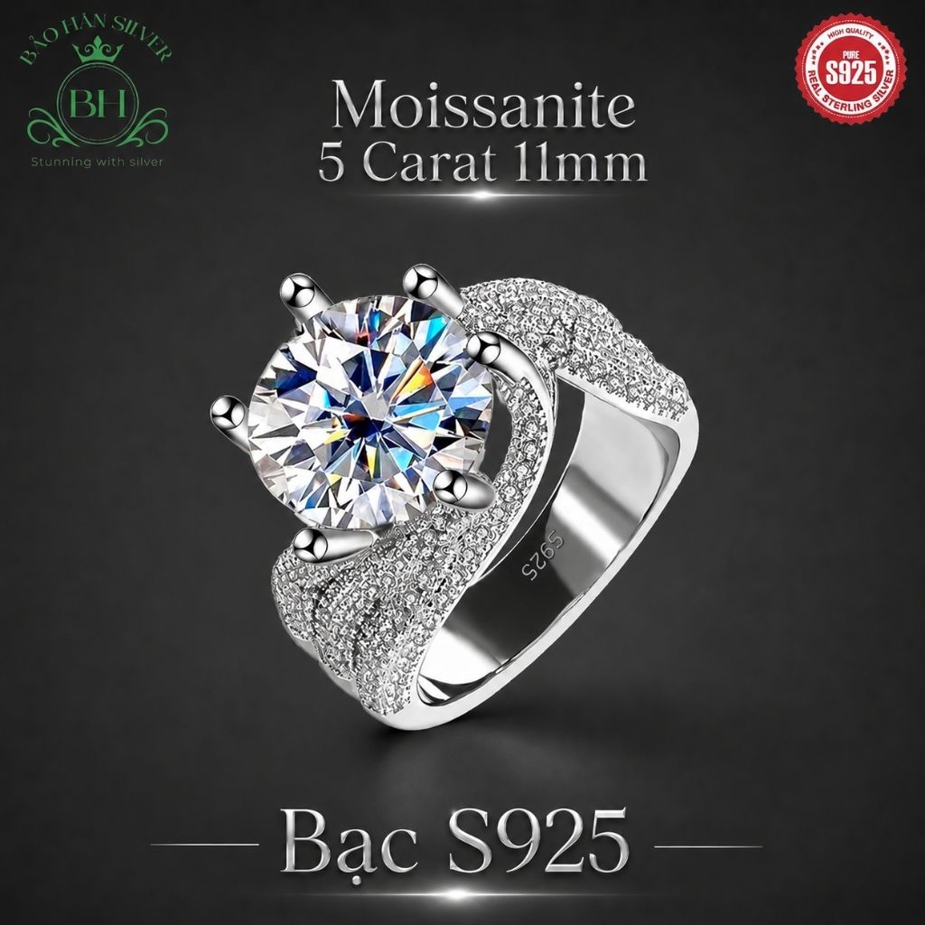 Moissanite 11ly 5 carat Nhẫn bạc nữ Moissanite nhẫn kim cương Moissanite bạc 925 nhẫn cầu hôn bạc nh