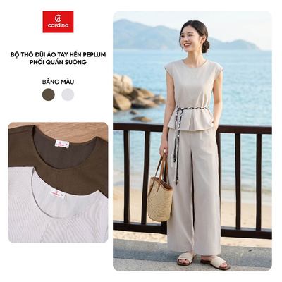 Bộ đồ nữ CARDINA chất liệu đũi áo tay hến peplum phối quần suông 6BOD01