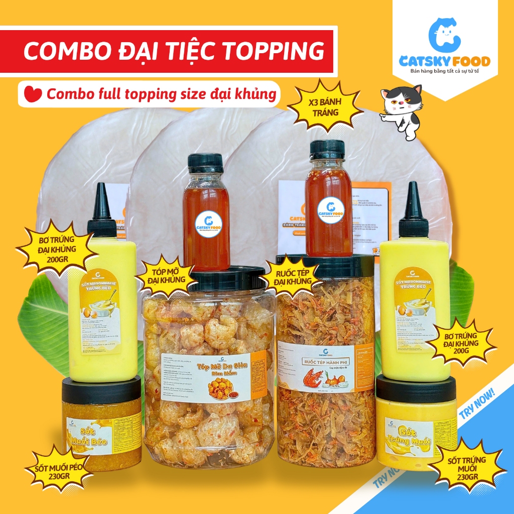 Combo Đại Tiệc Topping - Bánh Tráng Phơi Sương Catsky Food đồ ăn vặt tiện lợi