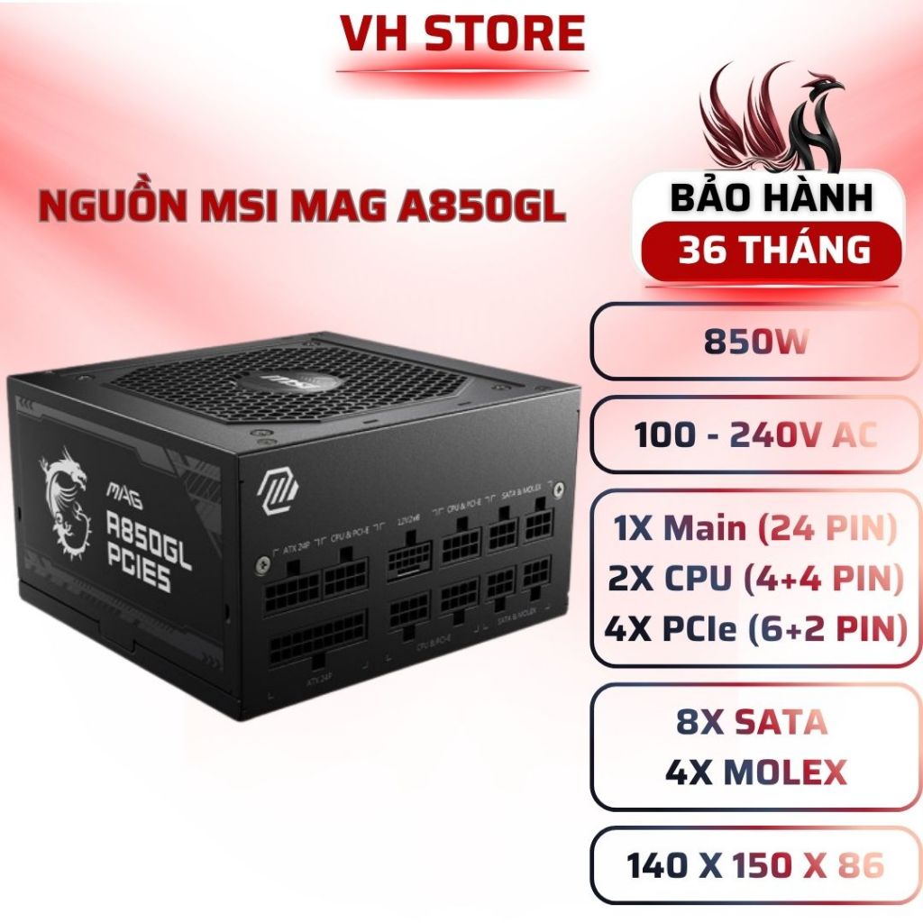 Nguồn MSI MAG A850GL 850W 80 Plus Gold Full Modular PCIe 5.0 - BẢO HÀNH 36 THÁNG - VHSTORE