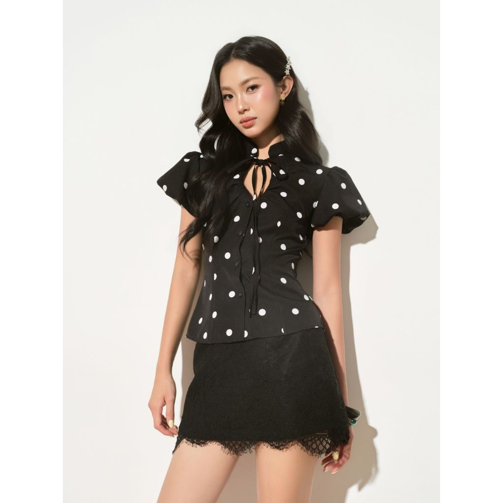 CRISPUS - Áo Sơmi Chấm Bi Thắt Dây Tay Phồng - MISSY TOP