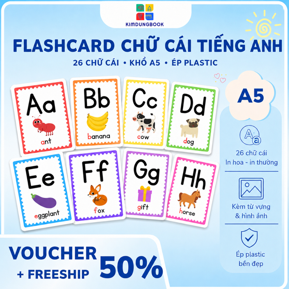 Thẻ Học Bảng 26 Chữ Cái Tiếng Anh A5 Ép Plastic – Flashcard Alphabet Cho Bé Kèm Từ Vựng & Hình Ảnh (
