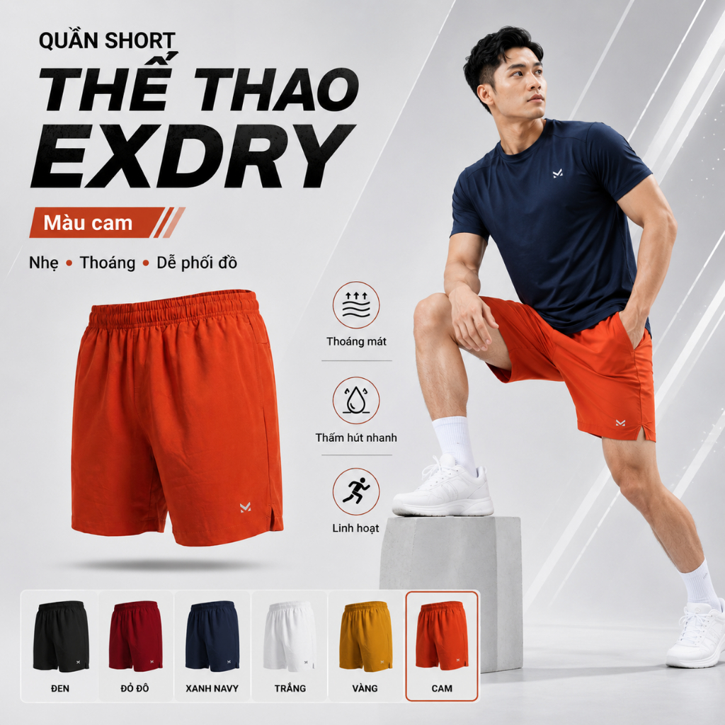 Quần short nam thể thao, Short Exdry công nghệ co giãn,thoáng khí,thấm hút tốt - MK SPORT