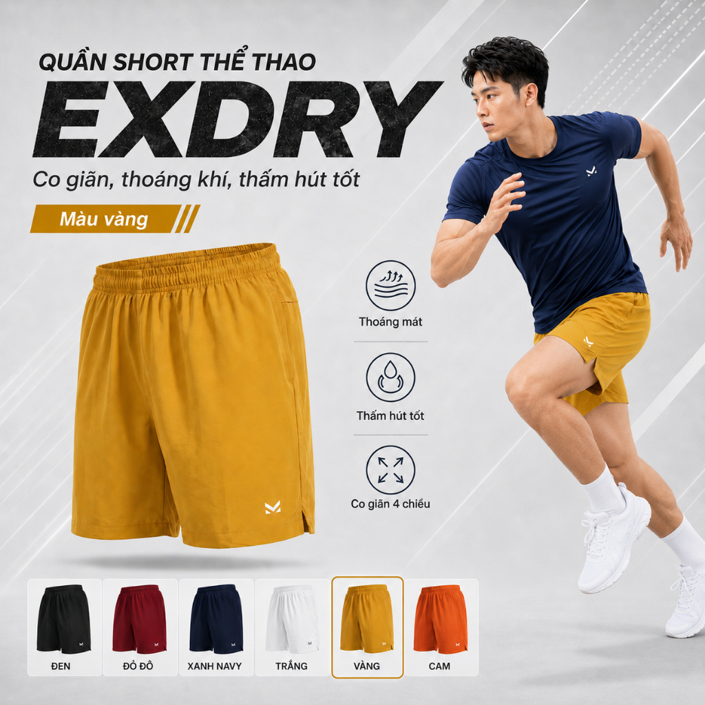 Quần short thể thao basic, Short Exdry công nghệ co giãn,thoáng khí,thấm hút tốt - MK SPORT