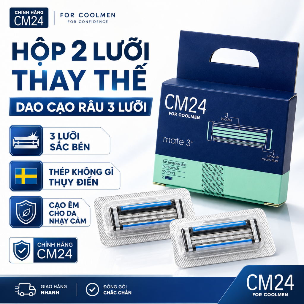 Bộ 2 Lưỡi Dao Cạo Râu Nam CM24 Loại 3 Lưỡi Chất Liệu Thép Không Gỉ Thụy Sĩ Cạo Dễ Dàng Và An Toàn