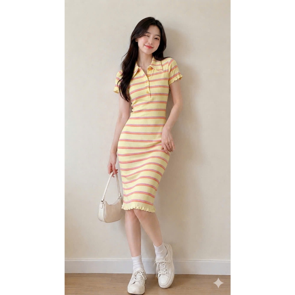 KC04 Candy Stripe Dress | Đầm len gân cổ Polo 4 màu siêu xinh