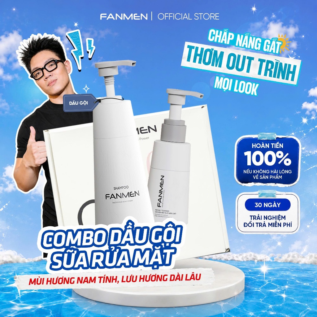 [Combo Sạch Sẽ] Dầu gội sạch gàu dưỡng tóc cho nam Fanmen 350ml và Sữa rửa mặt muối biển chết sạch s