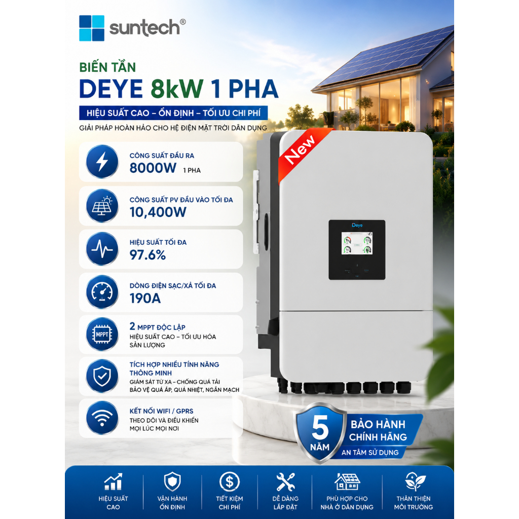Inverter Hybrid Deye 8Kw 1 pha | Modle SUN-8K-SG05LP1-EU-SM2-P | Hàng chính hãng bảo hành 5 năm.
