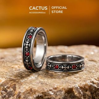 Nhẫn nam Chrome Cactus Acc đính đá đỏ cá tính phong cách Titan mạ bạc phụ kiện thời trang Unisex