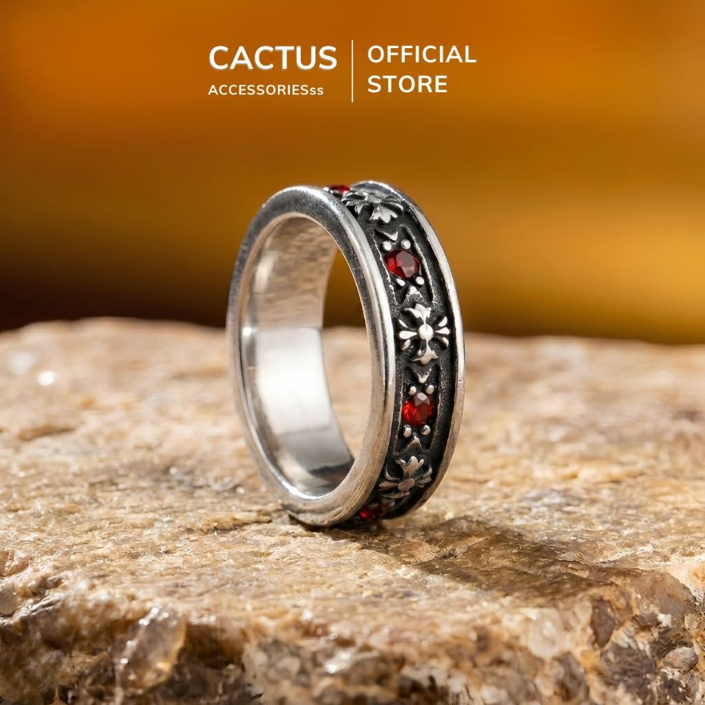 Nhẫn nam Chrome Cactus Acc đính đá đỏ cá tính phong cách Titan mạ bạc phụ kiện thời trang Unisex