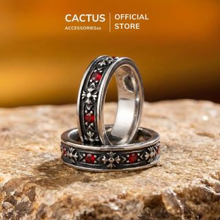 Nhẫn nam Chrome Cactus Acc đính đá đỏ cá tính phong cách Titan mạ bạc phụ kiện thời trang Unisex