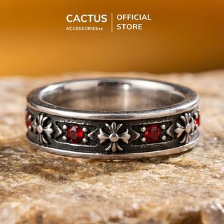Nhẫn nam Chrome Cactus Acc đính đá đỏ cá tính phong cách Titan mạ bạc phụ kiện thời trang Unisex