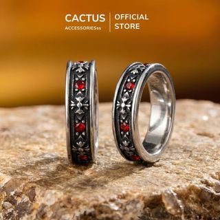 Nhẫn nam Chrome Cactus Acc đính đá đỏ cá tính phong cách Titan mạ bạc phụ kiện thời trang Unisex