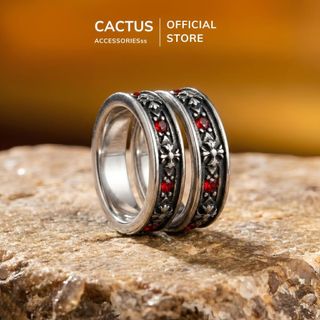 Nhẫn nam Chrome Cactus Acc đính đá đỏ cá tính phong cách Titan mạ bạc phụ kiện thời trang Unisex