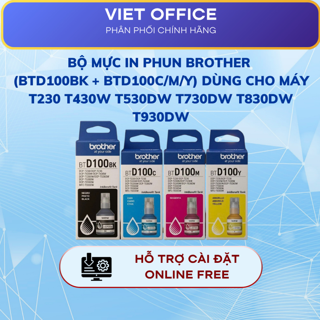Mực in Brother (BTD100BK + BTD100C/M/Y) dùng cho máy Brother DCP-T230/T430W/T530DW/T730DW/T830DW/MFC