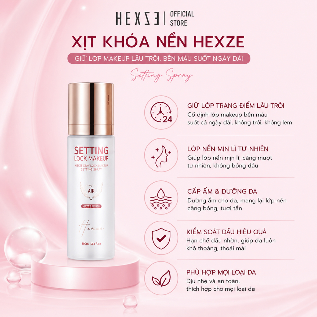 Xịt Khóa Nền HEXZE 100ml – Giữ Lớp Makeup Lâu Trôi, Kiềm Dầu & Cấp Ẩm Tự Nhiên