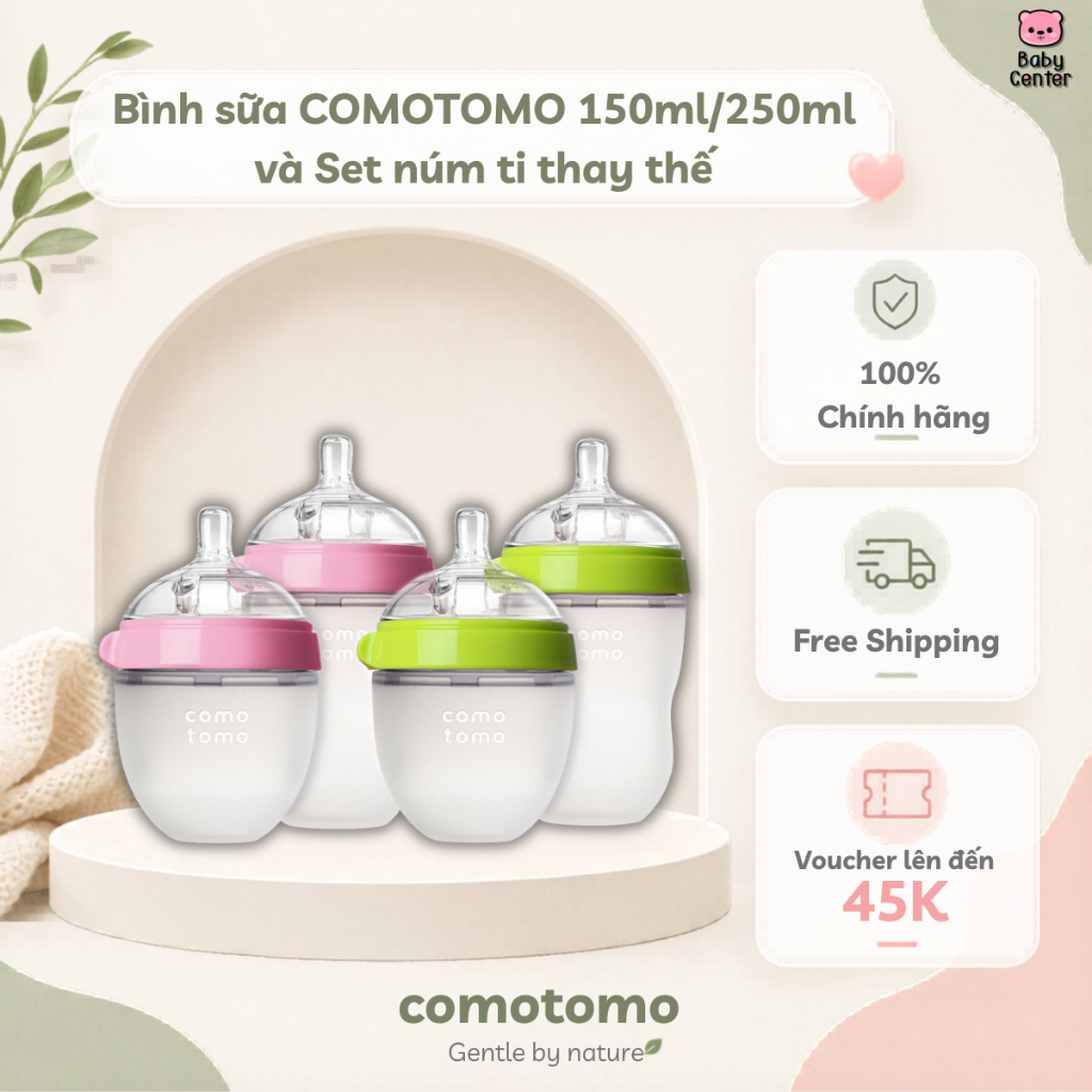 Bình sữa silicone COMOTOMO 150ml/250ml và Set núm ti thay thế