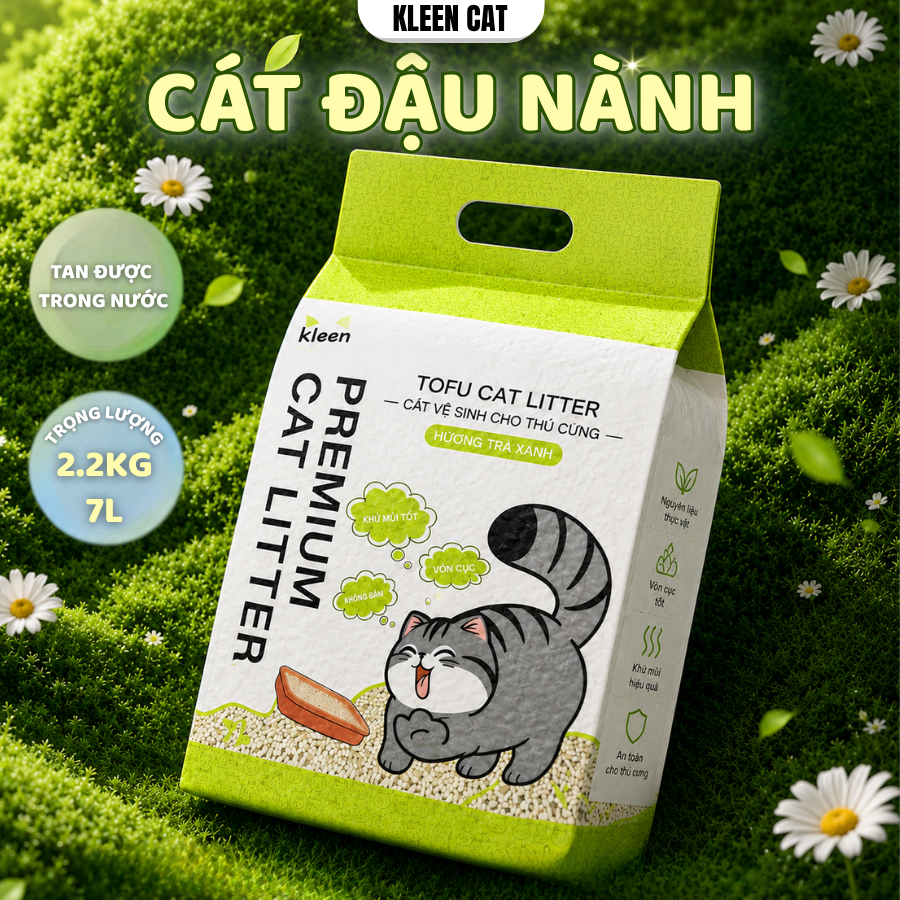 Cát đậu nành Tofu hữu cơ Kleen Cat khử mùi cho mèo xả trực tiếp trong nước, cát vệ sinh mèo Túi 7L -
