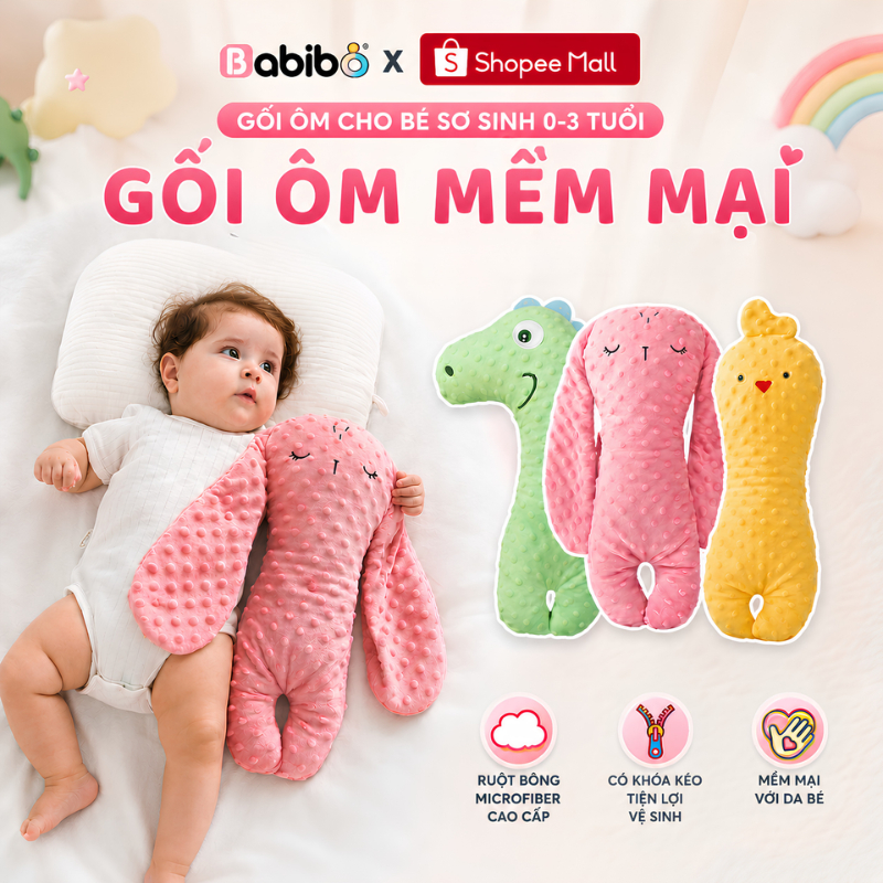 Gối Ôm Cho Bé Sơ Sinh 0-3T BABIBO, Thú Bông Ôm Ngủ Mềm Mại, Gối Ngủ Cho Bé Có Khóa Kéo Tháo Giặt