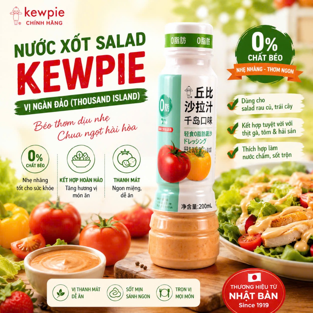 SỐT SALAD ĂN KIÊNG KEWPIE THOUSAND ISLAND 0% CHẤT BÉO 200ML – ĐẬM VỊ, THANH NHẸ, PHÙ HỢP ĂN HEALTHY