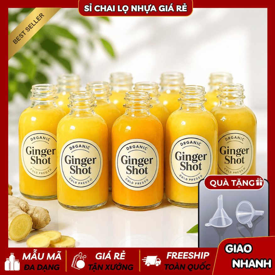 Combo Chai Lọ Thủy Tinh Ginger Shot Loại 30ml Trong Suốt Đựng Ginger Shot Nước Ép Gừng, Detox, Nước 