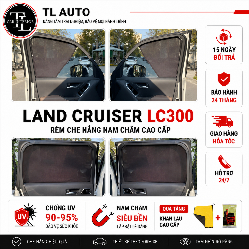 Rèm che nắng nam châm loại 1 Xe Land Cruiser LC300, Bộ 4 tấm, nam châm hút mạnh ,Bảo Hành 24 tháng