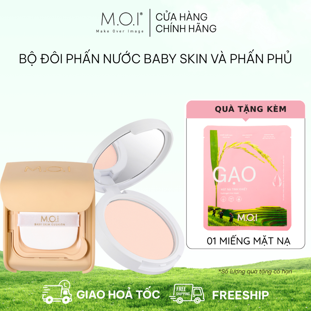 (TẶNG KÈM QUÀ) Combo phấn nước M.O.I Baby Skin Cushion 12g và phấn phủ kiềm dầu M.O.I Baby Skin Powd