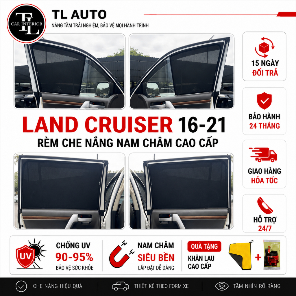 Rèm che nắng nam châm loại 1 xe Toyota Land Cruiser 2016 - 2021, dày dặn chống tia UV, bảo hành 24 t