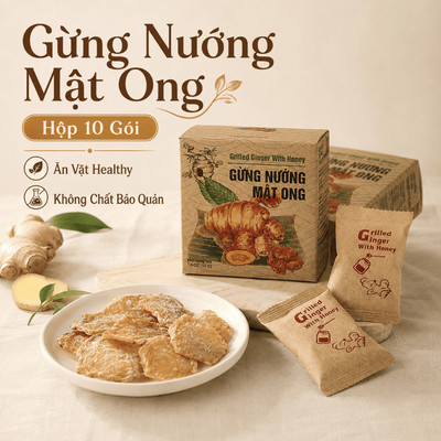 Hộp Gừng Nướng Ăn Vặt, Gừng Nướng Mật Ong, Ăn Vặt Healthy, Khử Hôi Miệng, Giữ Ấm Cơ Thể, Hộp 10 Gói